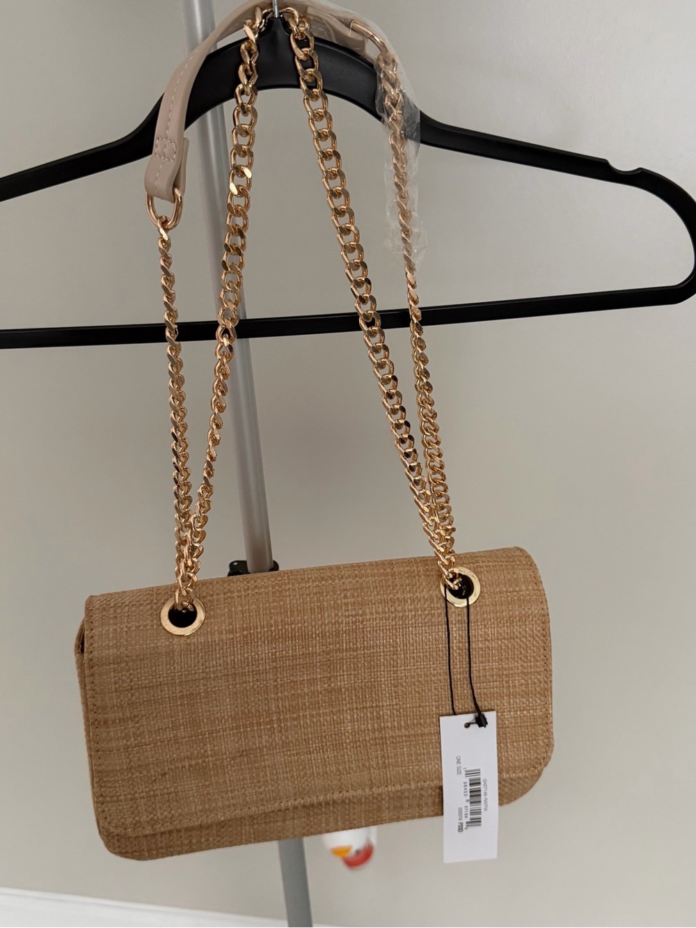 Woven Tan Shoulder Bag with Gold Chain Strap